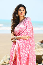 Jash-e-Jal' Pastel Pink Pure Resham Cotton Silk Banarasi Handloom Saree